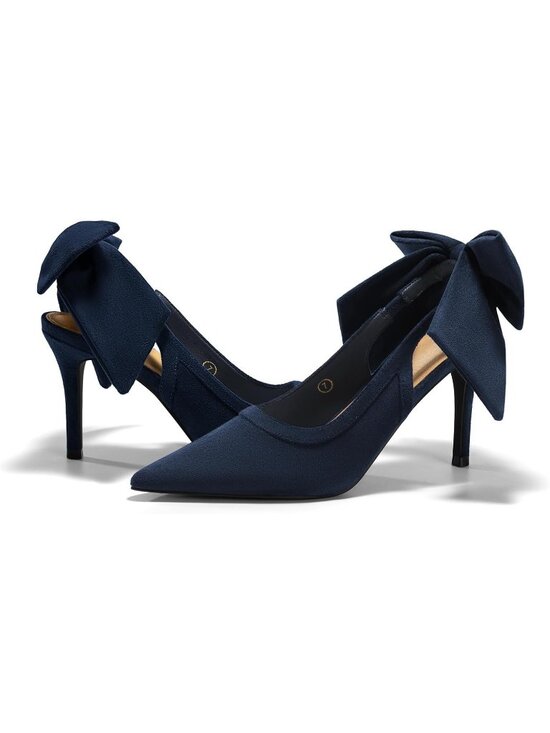 Shoes - Women Suede Navy Blue Slingback Bow Closed Pointed Toe Lace Patchwork High Heels